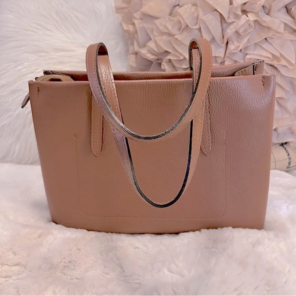 Vera Pelle Tan Brown Pebbled Leather Neutral Two Handle Tote Laptop Bag Purse